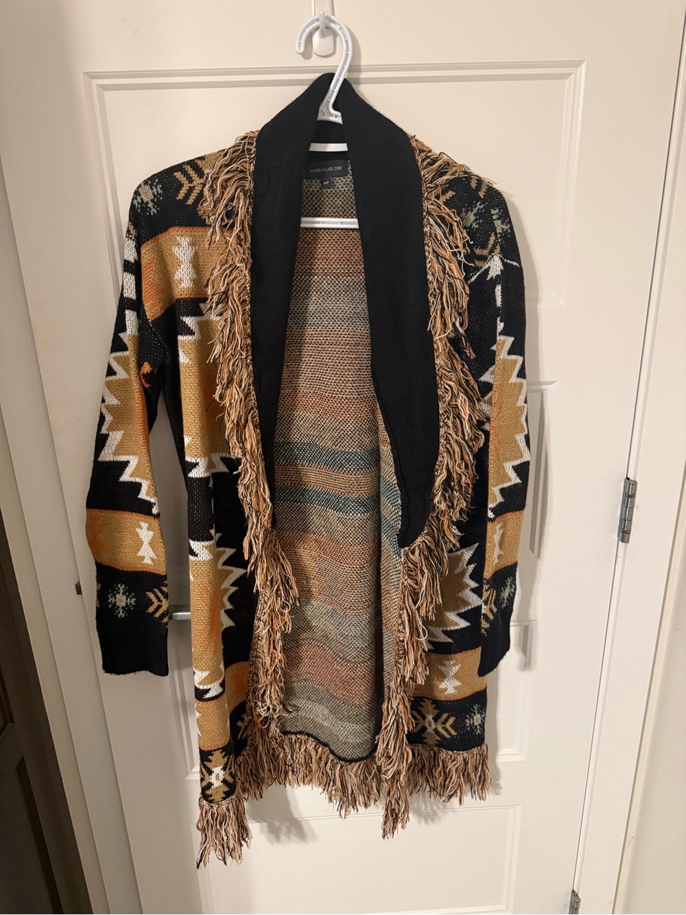Fringe Open-Front Aztec Cardigan Sweater